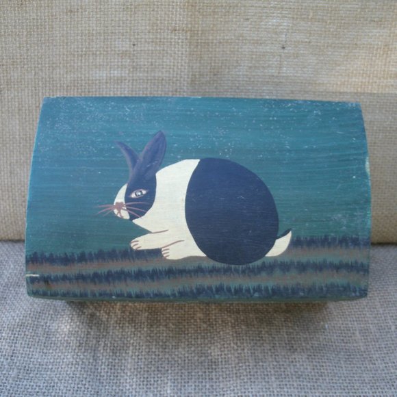Vintage Warren Kimble Folk Art Wood Rabbit Decorative Box - Picture 8 of 16